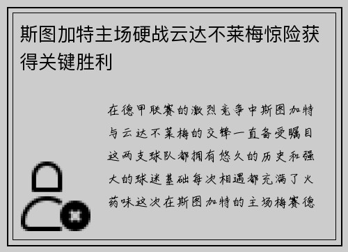 斯图加特主场硬战云达不莱梅惊险获得关键胜利